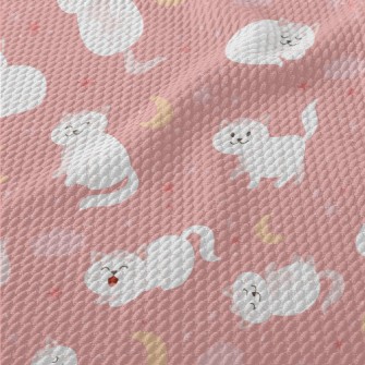 Cartoon Elegant White Cat Birdseye Piqué