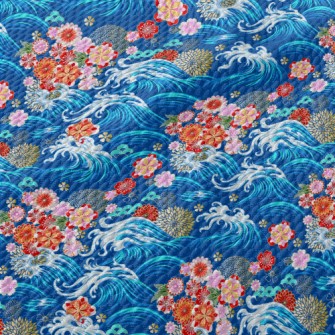 Gorgeous Flowers And Waves Birdseye Piqué