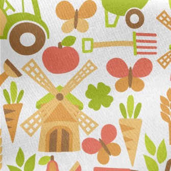 Cartoon Farm Windmill Jersey Backed Fleece