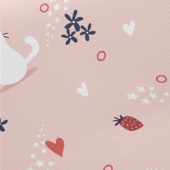 White Cat And Strawberry Midweight Cotton Poplin