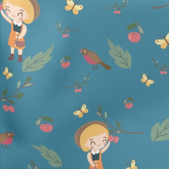 Little Girl Harvesting Fruits Lightweight Cotton Poplin