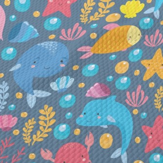 Cartoon Dolphin Jellyfish Whal Birdseye Piqué