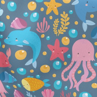 Cartoon Dolphin Jellyfish Whal Lightweight Cotton Poplin