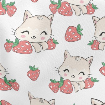Smiling Cat With Strawberry Lightweight Cotton Poplin