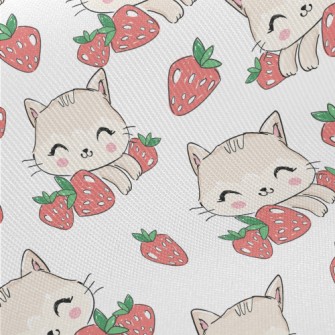 Smiling Cat With Strawberry Midweight Cotton Poplin