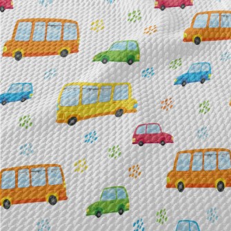 Colorful Cars And Buses Birdseye Piqué
