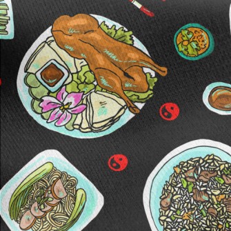Chinese Cuisine Doodle Jersey Backed Fleece