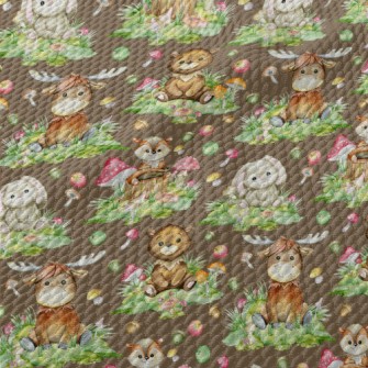 Cartoon Watercolor Baby Animal Birdseye Piqué