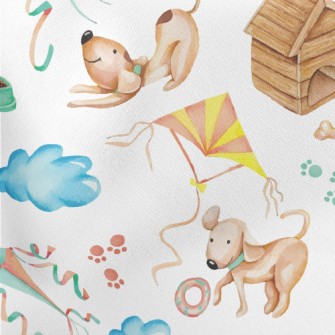 Happy Puppy Playing With Kite Lightweight Cotton Poplin
