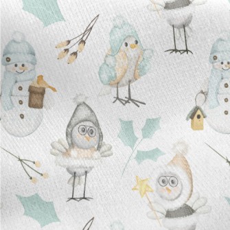 Winter Birds And Snowman Jersey Backed Fleece
