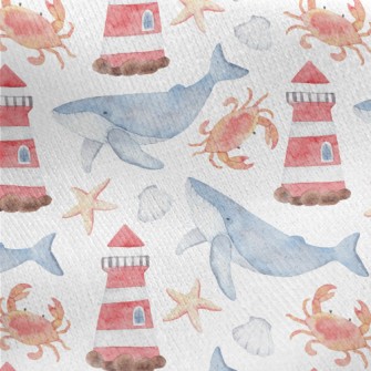 Watercolor Lighthouse And Whal Jersey Backed Fleece