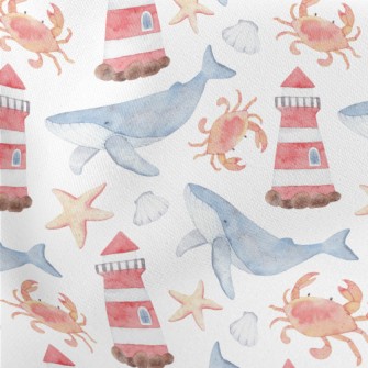 Watercolor Lighthouse And Whal Lightweight Cotton Poplin