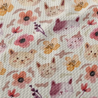 Watercolor Cat And Flowers Birdseye Piqué