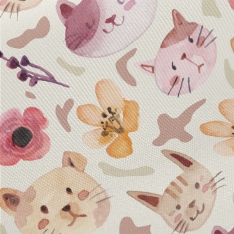 Watercolor Cat And Flowers Twill