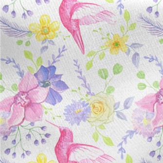 Pink Hummingbird And Flowers Jersey Backed Fleece