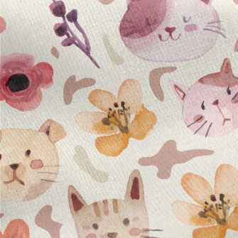 Watercolor Cat And Flowers Jersey Backed Fleece
