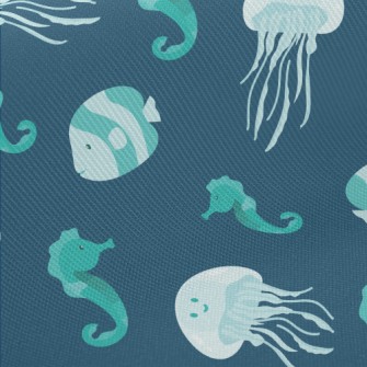 Cute Jellyfish Seahorse Fish Midweight Cotton Poplin