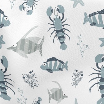 Hand Drawn Marine Life Lightweight Cotton Poplin