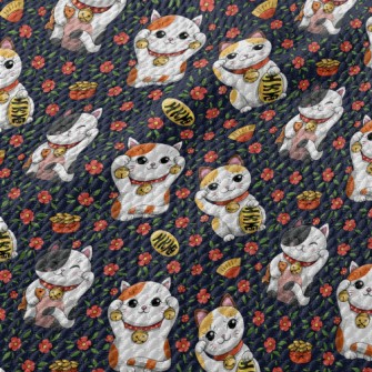 Cartoon Lucky Cat Birdseye Piqué