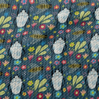 Colorful Flowers And Insects Birdseye Piqué