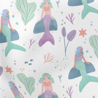 Hand Drawn Underwater Mermaid Lightweight Cotton Poplin