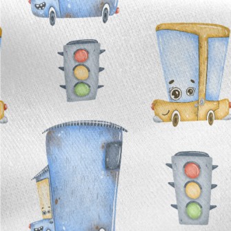 Cartoon Car And Traffic Lights Jersey Backed Fleece