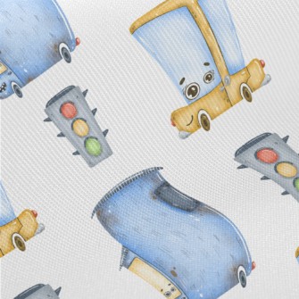 Cartoon Car And Traffic Lights Midweight Cotton Poplin