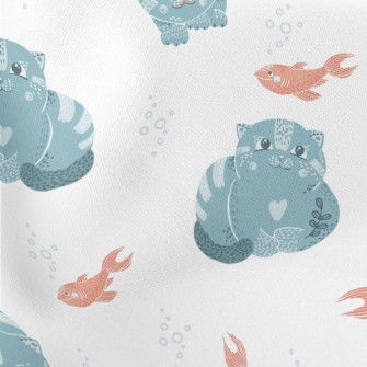 Blue Cat Teasing Goldfish Lightweight Cotton Poplin