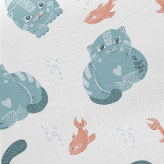 Blue Cat Teasing Goldfish Midweight Cotton Poplin
