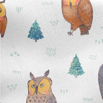 Owl And Fantasy Green Trees Jersey Backed Fleece