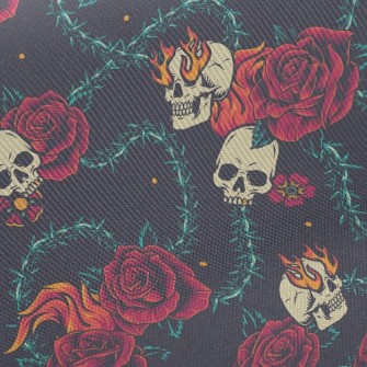 Bright Red Rose Flame Skull Twill