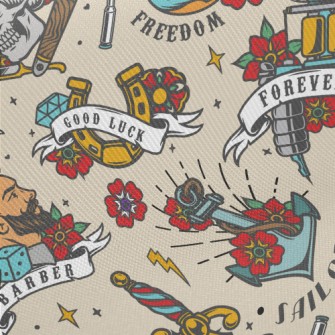 Retro Funny Tattoo Pictures Midweight Cotton Poplin