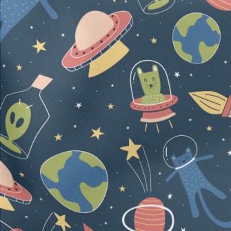 Space Cats And Aliens Lightweight Cotton Poplin