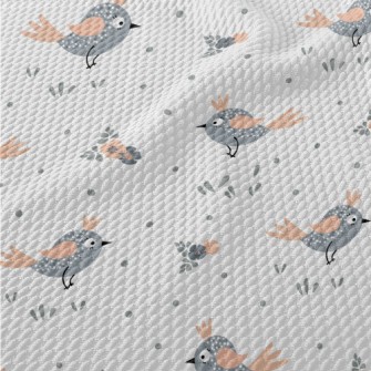 Gray Bird And Small Flowers Birdseye Piqué