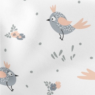 Gray Bird And Small Flowers Lightweight Cotton Poplin