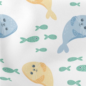 Playful Fur Seal And Small Fis Lightweight Cotton Poplin
