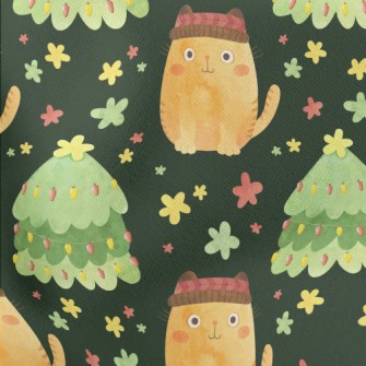 Christmas Tree And Cat In Hat Lightweight Cotton Poplin