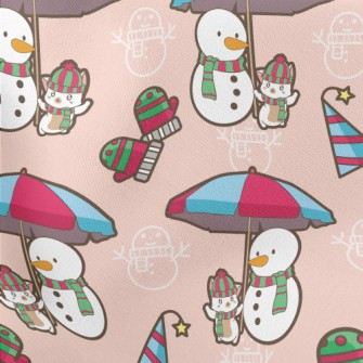 Funny Snowman And Kitten Lightweight Cotton Poplin