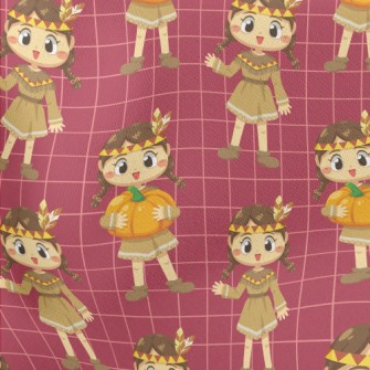 Indian Girl Holding Pumpkin Lightweight Cotton Poplin
