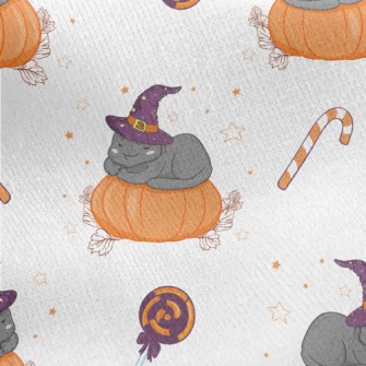 Cat In Witch Hat And Pumpkin Jersey Backed Fleece