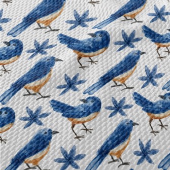 Watercolor Blue Bird And Blue  Birdseye Piqué
