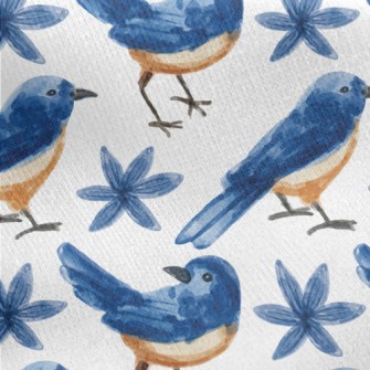 Watercolor Blue Bird And Blue  Jersey Backed Fleece