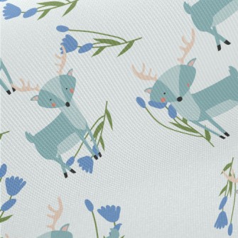 Cute Deer With Blue Flowers Midweight Cotton Poplin