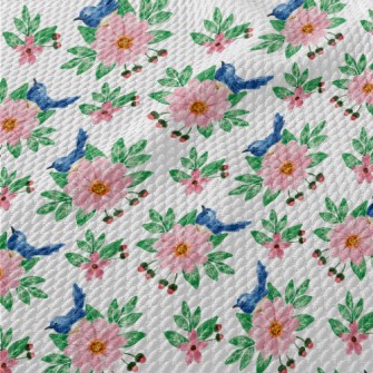 Pink Flowers And Blue Bird Birdseye Piqué