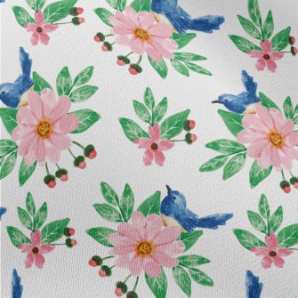 Pink Flowers And Blue Bird Chiffon