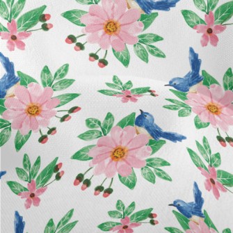 Pink Flowers And Blue Bird Lightweight Performance Linen