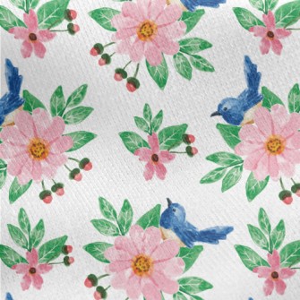 Pink Flowers And Blue Bird Jersey Backed Fleece