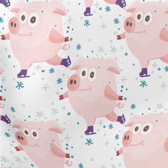 Pink Pig Skating In Winter Lightweight Cotton Poplin