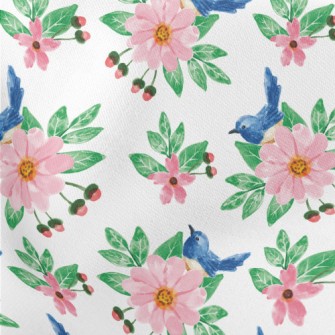 Pink Flowers And Blue Bird Lightweight Cotton Poplin