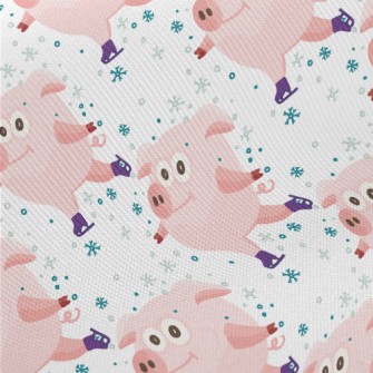Pink Pig Skating In Winter Midweight Cotton Poplin